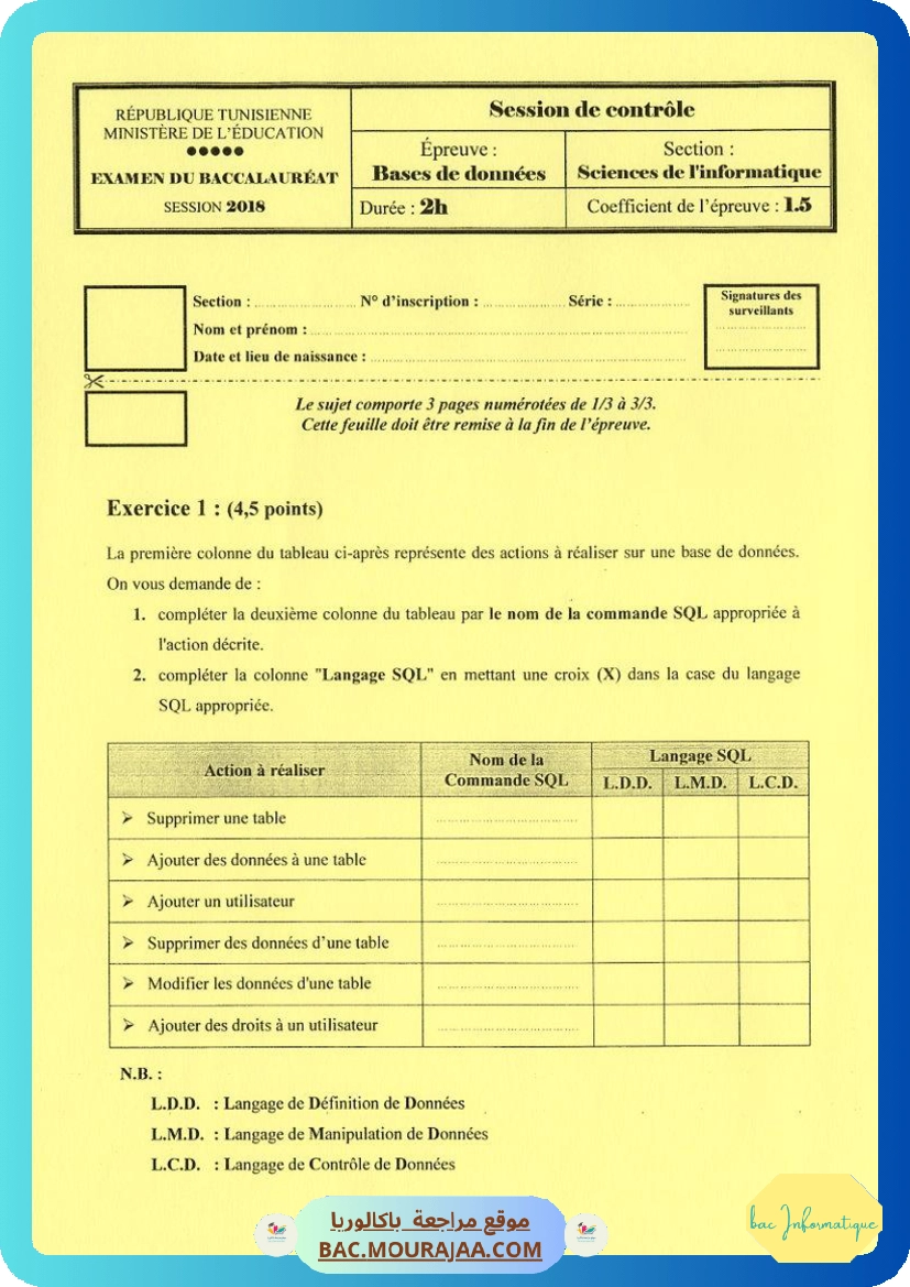 Sujet controle bd Bac 2018 – Section info